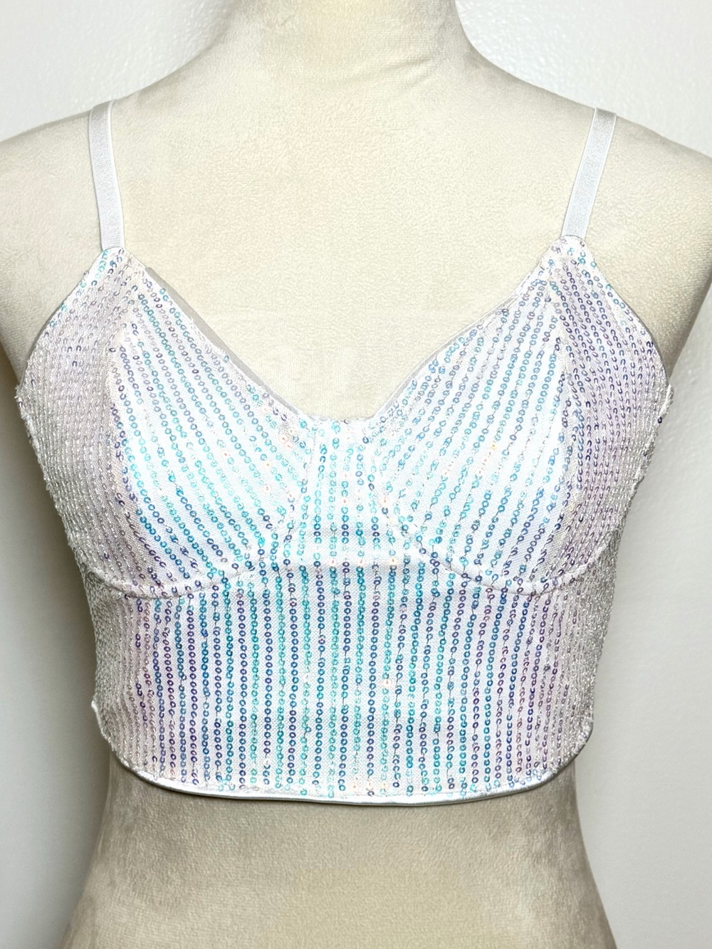 White Iridescent Sequin Crop Top Y2K Festival Rave Party Cami Corset Tank Small